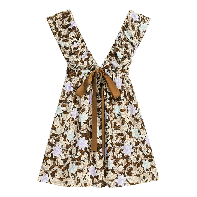 Summer Print Dress Women's Dress Tierred V Neck Bow Flying Sleeve Dress Knee-Length Skirt Y2K 2025 New DABUWAWA DM2BDR004