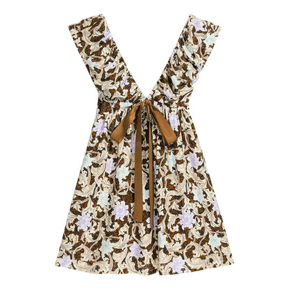 Summer Print Dress Women's Dress Tierred V Neck Bow Flying Sleeve Dress Knee-Length Skirt Y2K 2025 New DABUWAWA DM2BDR004