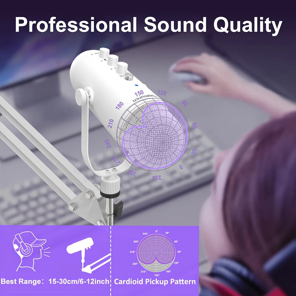 Haomuren Professional USB Streaming Podcast PC Microphone Studio Cardioid Condenser Mic Kit with Boom Arm For Recording YouTube