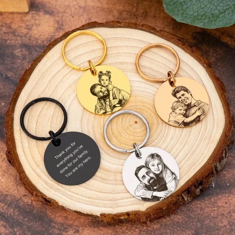 Custom Photo Engraved Keychain Personalized Family Portrait Round Stainless Steel Key Ring Custom Picture Key Gift For Dad