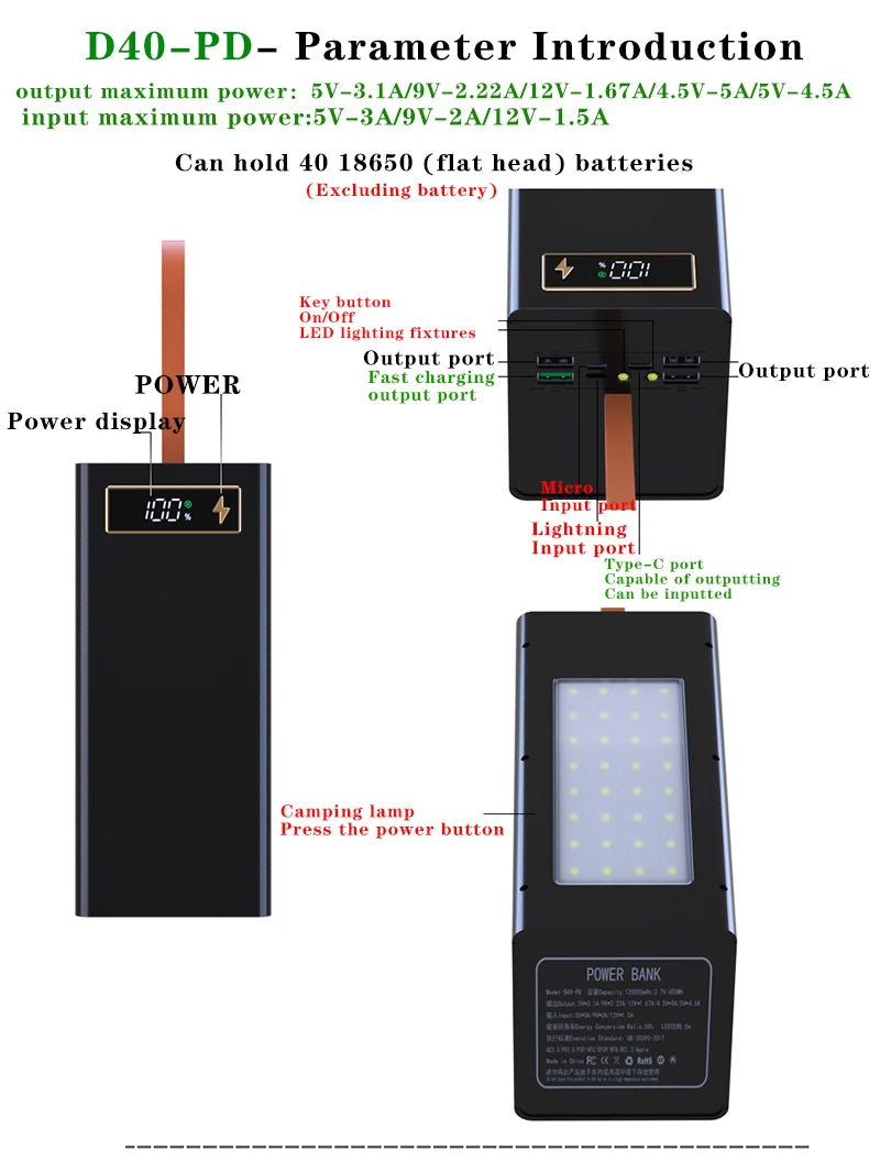 40*18650 DIY Power Bank Case Batteries Power Box Regular/PD Camping light Version Power Bank Shell  Batteries Power Shell