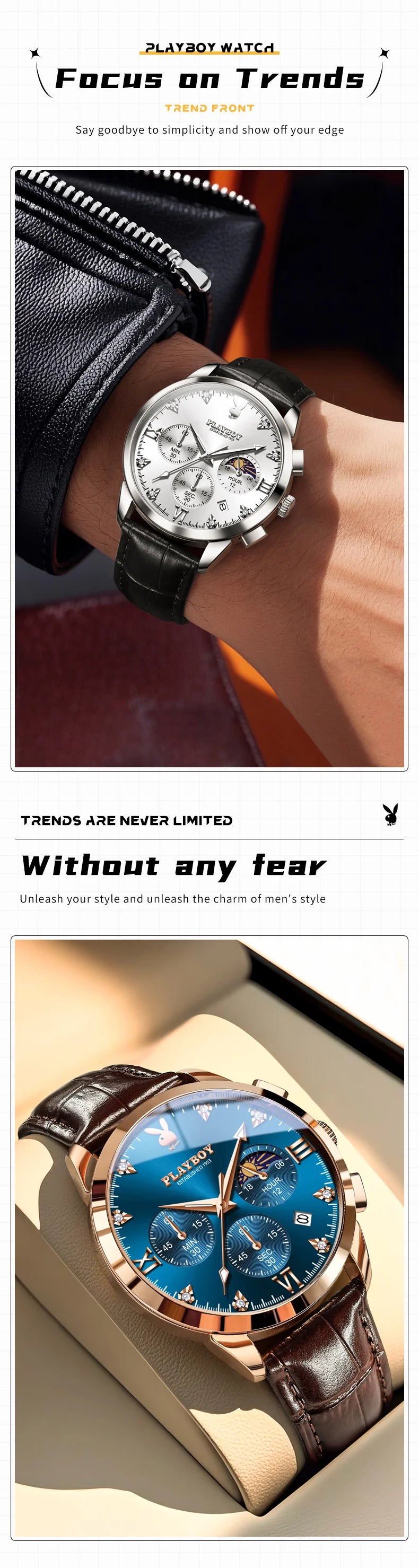 PLAYBOY 3035 Brand original authentic watches for man luxury Gift Box fashion Belt chronograph calendar quartz men's watch