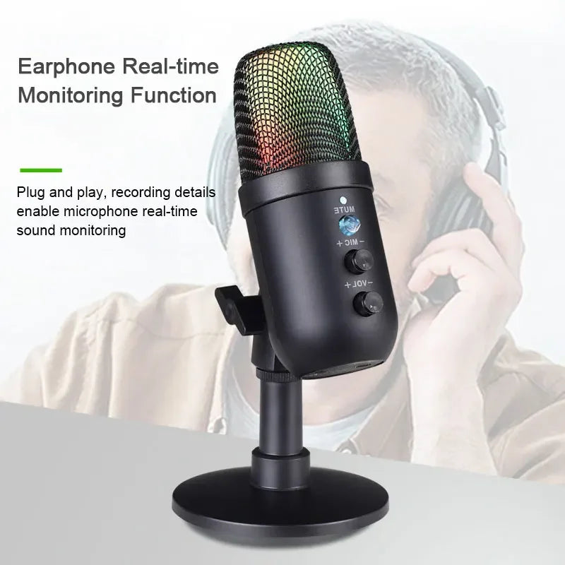 USB Gaming Microphone for PC Condenser Podcast Mic for Studio Recording Headphone Jack RGB Noise Cancellation with Mute Button