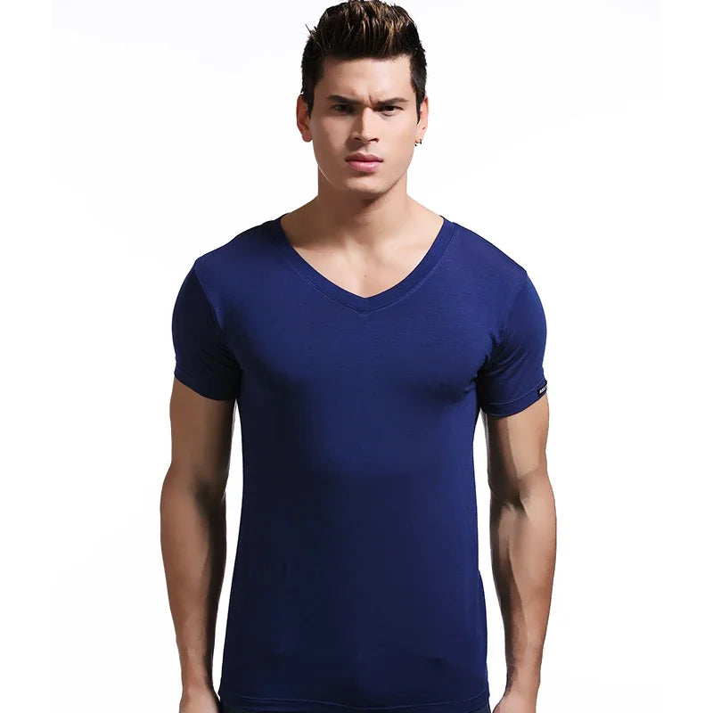 Modal summer round neck tight men's short sleeve V-neck T-shirt solid color vest T-shirt slim-fit sports undershirt