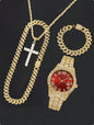 Men's Hip Hop Trendy Fashion Large Dial Diamond Inlaid Cuban Chain Watch Set