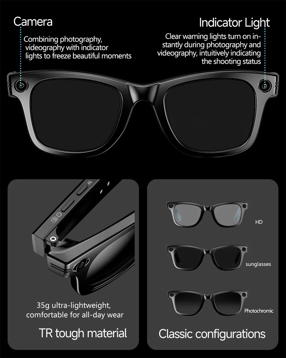 Smart Glasses With 800W Intelligent Translation Al Voice Wake-up Intelligent Q&A Interaction Call Noise Reduction EIS Anti Shake