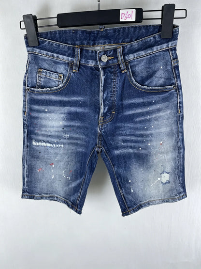 3006 Summer New Men's Jeans Washed Ripped Patch Paint Slim-fit Micro-elastic Denim Shorts Men's Black