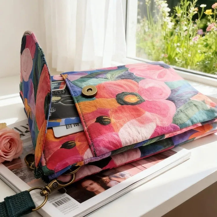 Versatile Print New Oil Painting Series 5-Layer Crossbody Phone Bag Rustic Fabric Women's Handbag Lightweight and Easy-to-Match