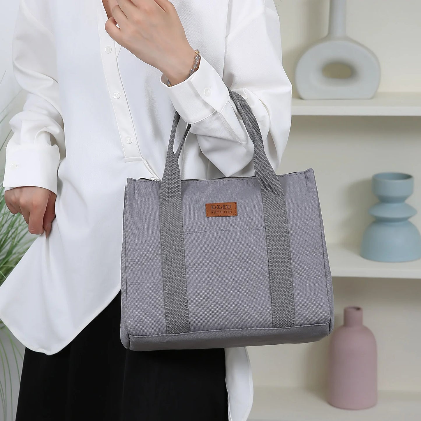 Solid Color Lunch Bag, Tote Bag with Foil Inner Zipper Closure Large Capacity Portable, Work, School, Utility Bag with Meals