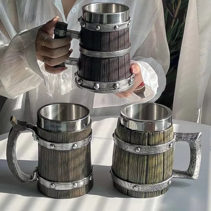 Wooden Barrel Beer Cup Stainless Steel Coffee Mug Viking Style Vintage Beer Mug Double Wall Drinking Cup Halloween Bar Drinkware