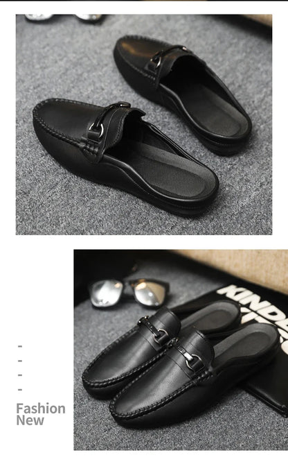 Summer Half Shoes For Men Comfortable Leather Casual Shoes Soft Flat Men's Loafers Lightweight Slip-on Shoes Man Daily Slippers