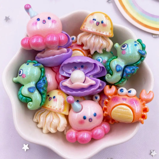 12pcs Colorful Resin Jellyfish Crabs Shells Seahorses Octopuses Whales Ocean Animal Flatback Scrapbook DIY Figurine Decor Crafts
