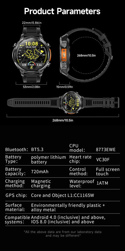 LIGE 2026 Nowy Męski Wojskowy Zegarek Smartwatch GPS Mapa Kompas Pamięć 4GB Bateria 1000mAh Wodoodporność 10ATM Rozmowy Bluetooth HD