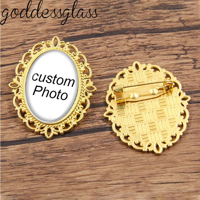 Personalize Custom Retro Oval Brooch Pin Photo Logo Silver plated/Bronze For Family Anniversary Collar 18x25mm Oval  safety Pins