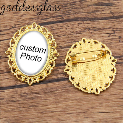 Personalize Custom Retro Oval Brooch Pin Photo Logo Silver plated/Bronze For Family Anniversary Collar 18x25mm Oval  safety Pins
