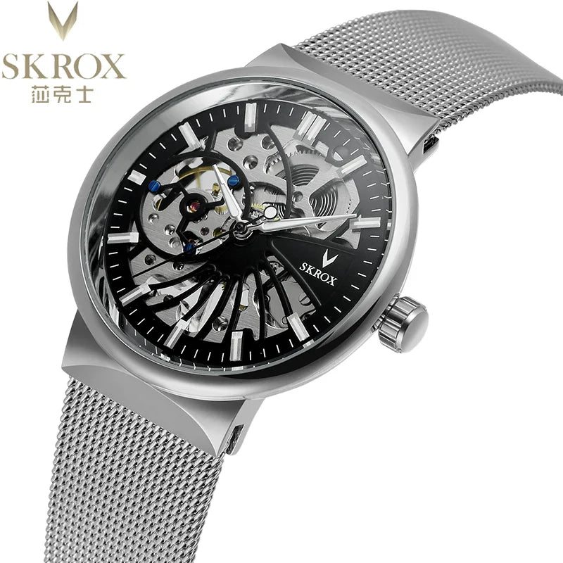 SKROX Luxury Brands Fashion Man Wrist Watches Steel Skeleton Ultra Thin Mechancical Clock Mesh Strap Waterproof Manual Movement