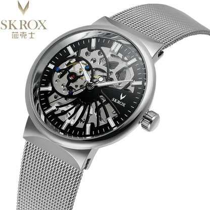 SKROX Luxury Brands Fashion Man Wrist Watches Steel Skeleton Ultra Thin Mechancical Clock Mesh Strap Waterproof Manual Movement