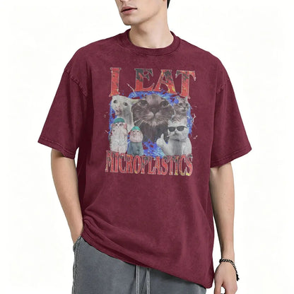I Eat Microplastics Meme Cats Retro T Shirt 100% Cotton Vintage Washed T-shirt For Men Women