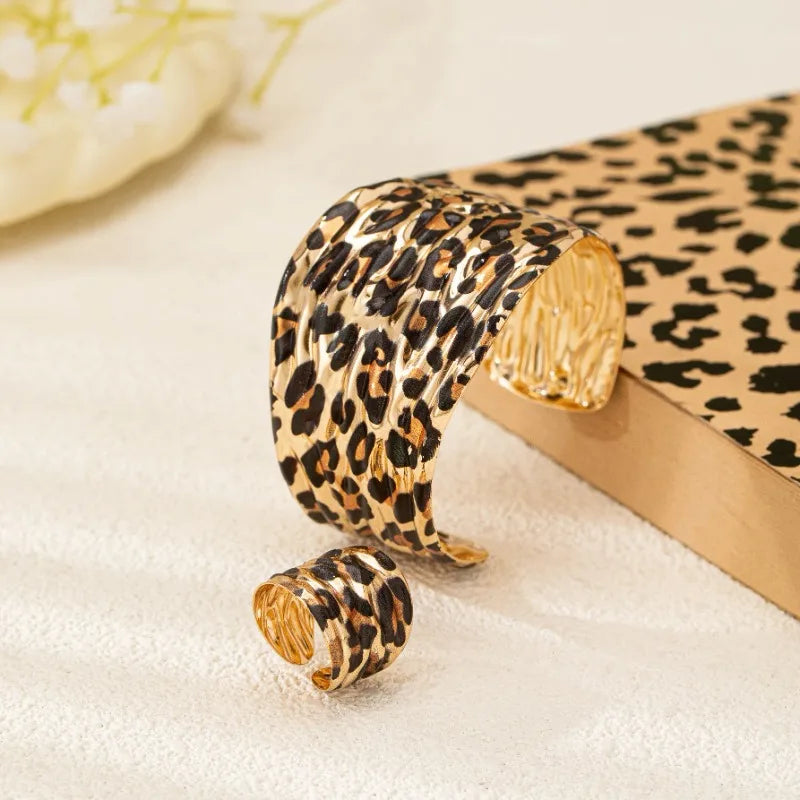 bracelet ring two-piece set for women Personality exaggerated leopard print geometric irregular female fashion jewelry BS027