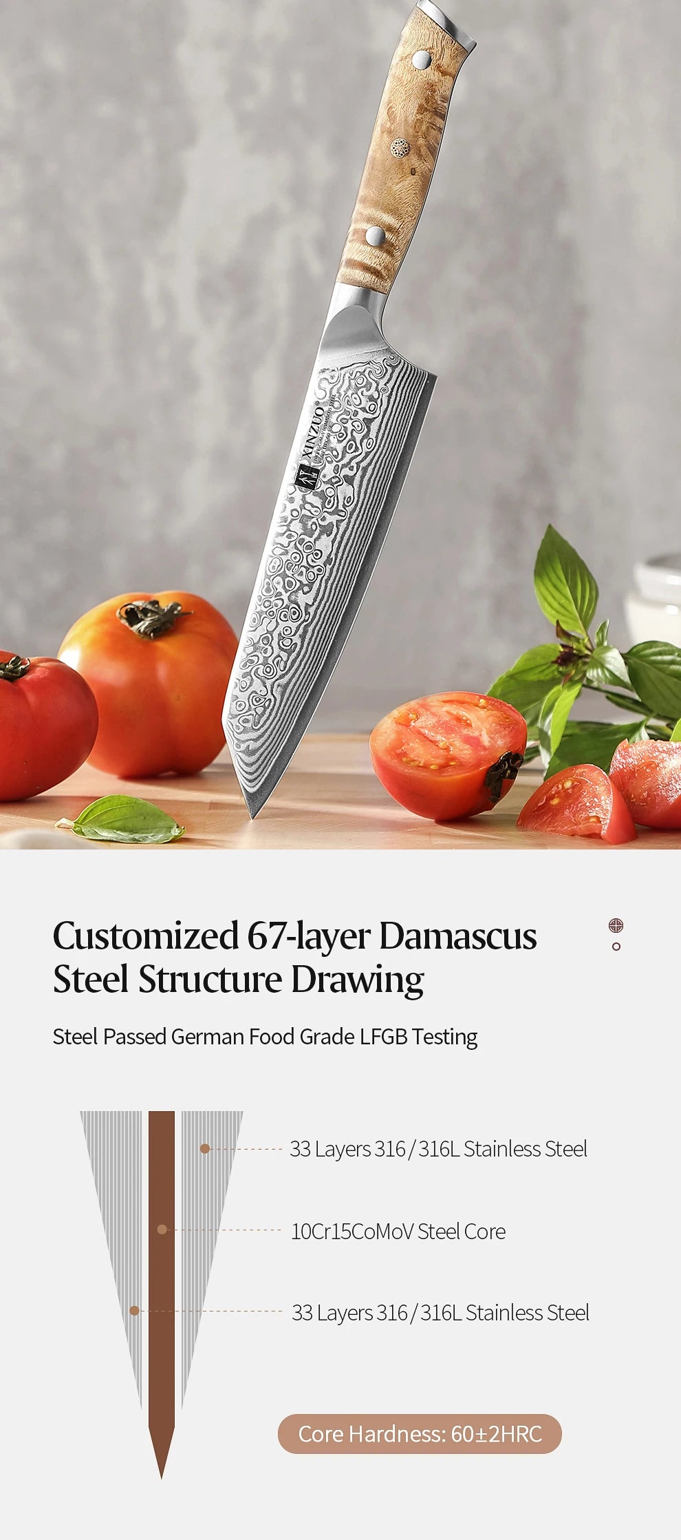 XINZUO 5.8 Inches Bunka Knife 67 Layers Damascus Steel Stainless Steel Ergonomically Designed Handle With Delicate Gift Box