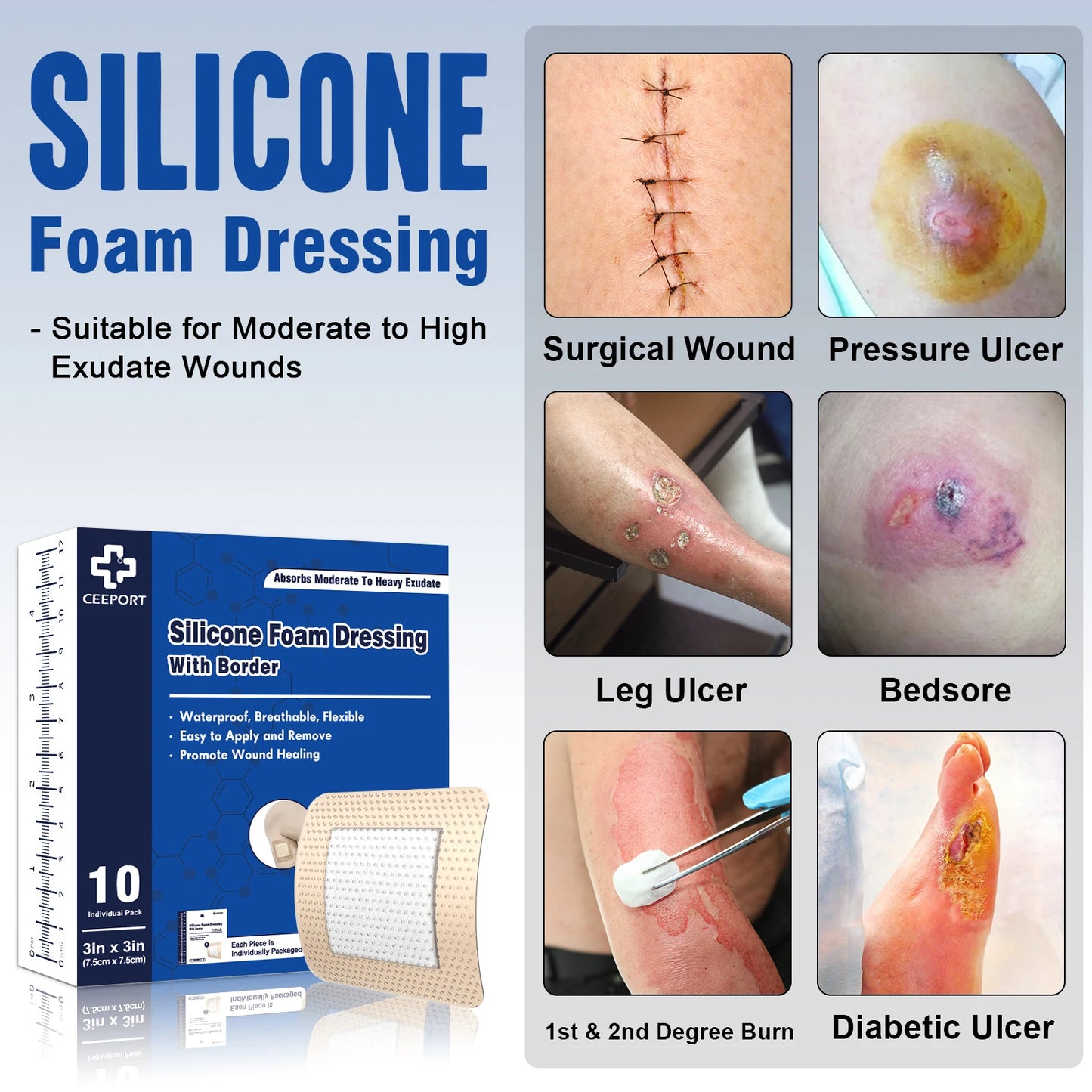 10pcs 3"x3"Silicone Foam Dressing Waterproof and High Absorbency Wound Bandage,Silicone Foam Border Pad for Wound Care