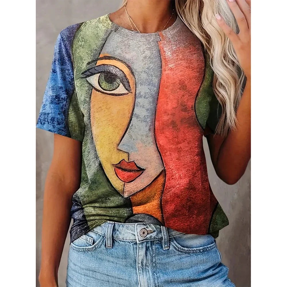 Summer Breathable Women's Fashion Short Sleeve T-Shirt Funny 3d Abstract Face Printed T-Shirts 2024 New Round Neck Tops Tees