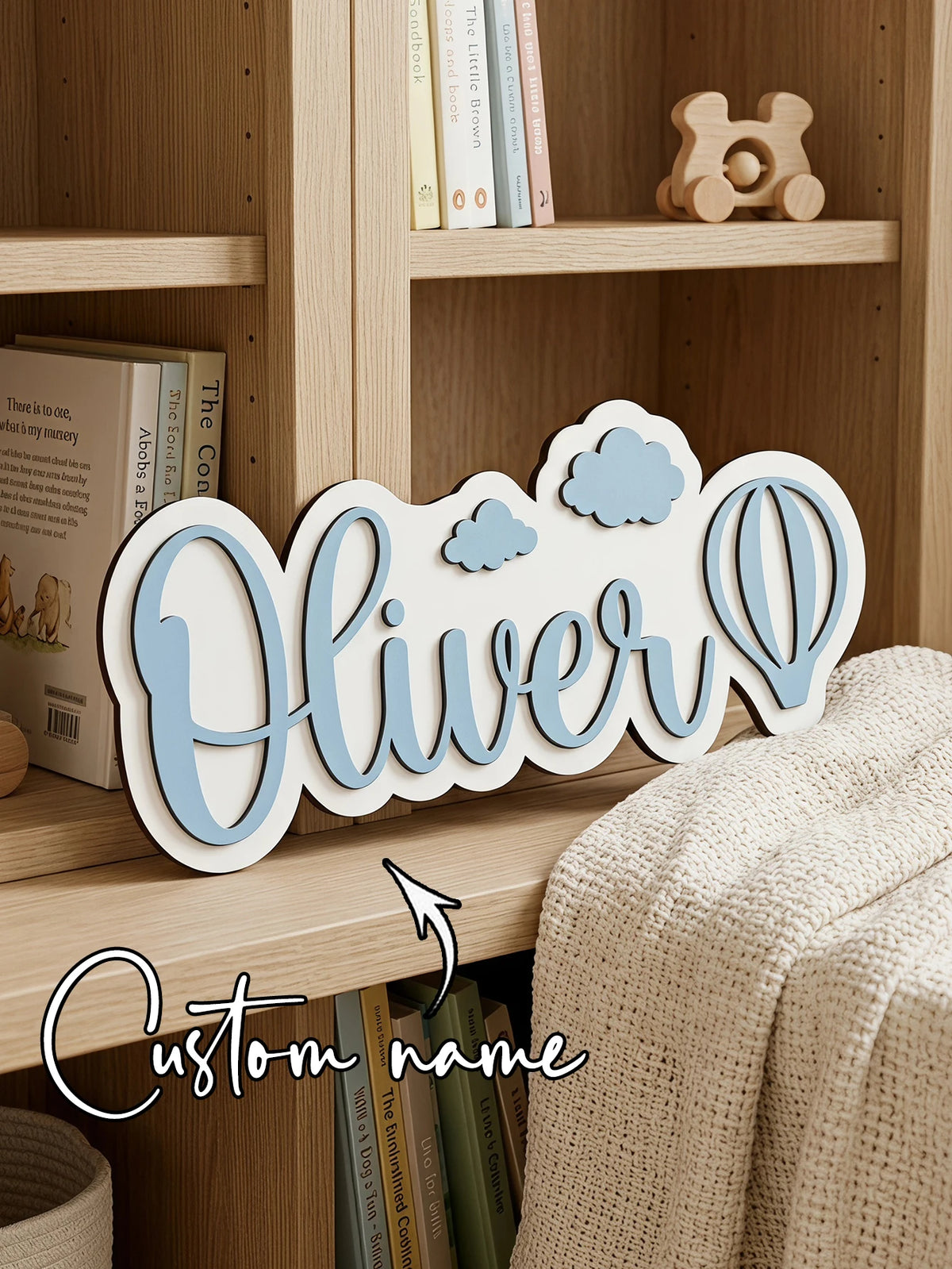 Custom Name Hot Air Balloon Cloud 3D Wooden Name Sign, Personalized Girl Nursery Wall Plaque, Kids Bedroom Table Decor