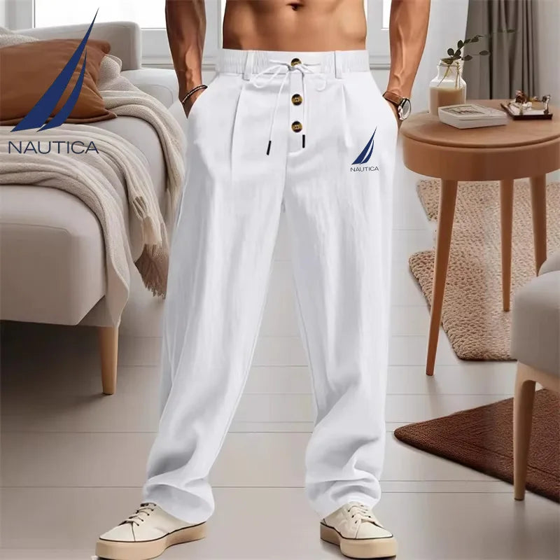 Nautica  Men's Casual Breathable Cotton-Linen Pants Trendy Street Sport Loose Straight Beach Outdoor Trousers