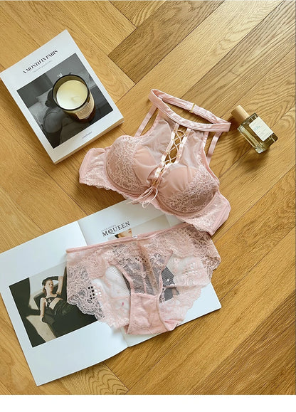 Luxury French Lace Halter Bra Small Chest Push-Up Sheer Bralette Seductive Allure Black Lingerie Set Wire-Free Comfort MOYISU AB