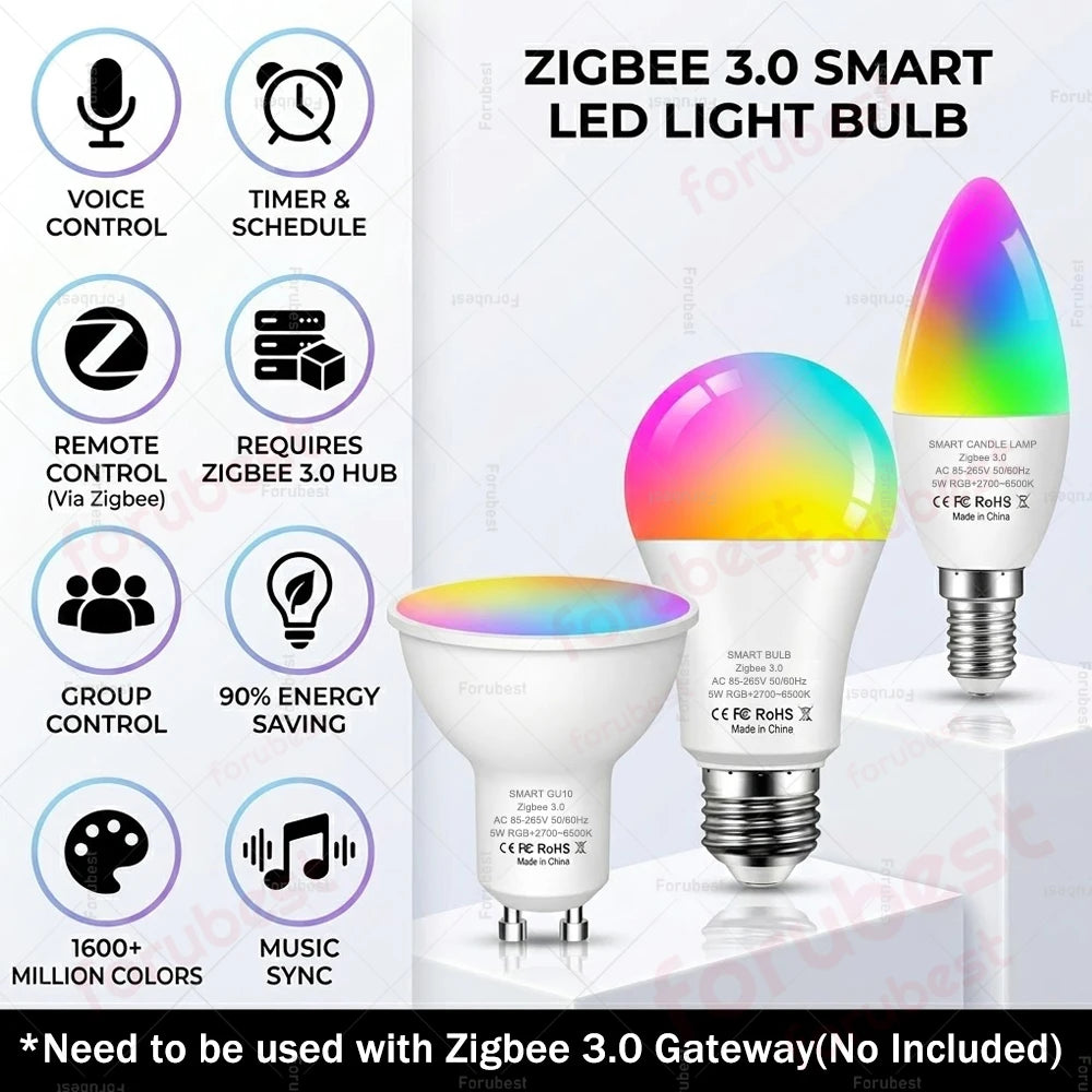 Zigbee Smart Bulb RGBCW E27 E14 GU10 LED Lamps Voice Control via Alexa Echo Yandex Alice,Zigbee 3.0 Hub Required for Zigbee2MQTT