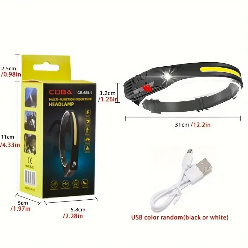 COB LED Headlamp Induction Head Lamp Built-in Battery USB Rechargeable Head Flashlight Outdoor Camping Fishing Sensor Headlight