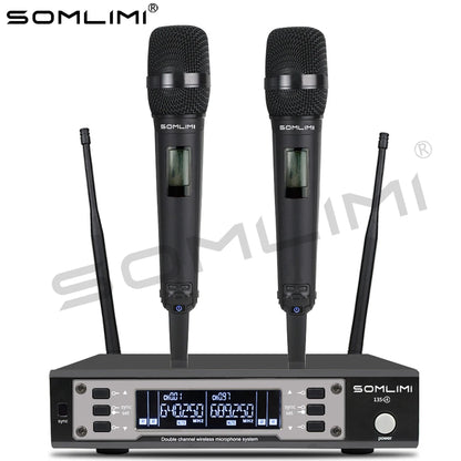 SOMLIMI 135G4 UHF Dual Channels Profession Wireless Microphone System Stage Performance Dynamic Long Distance Metal Handheld