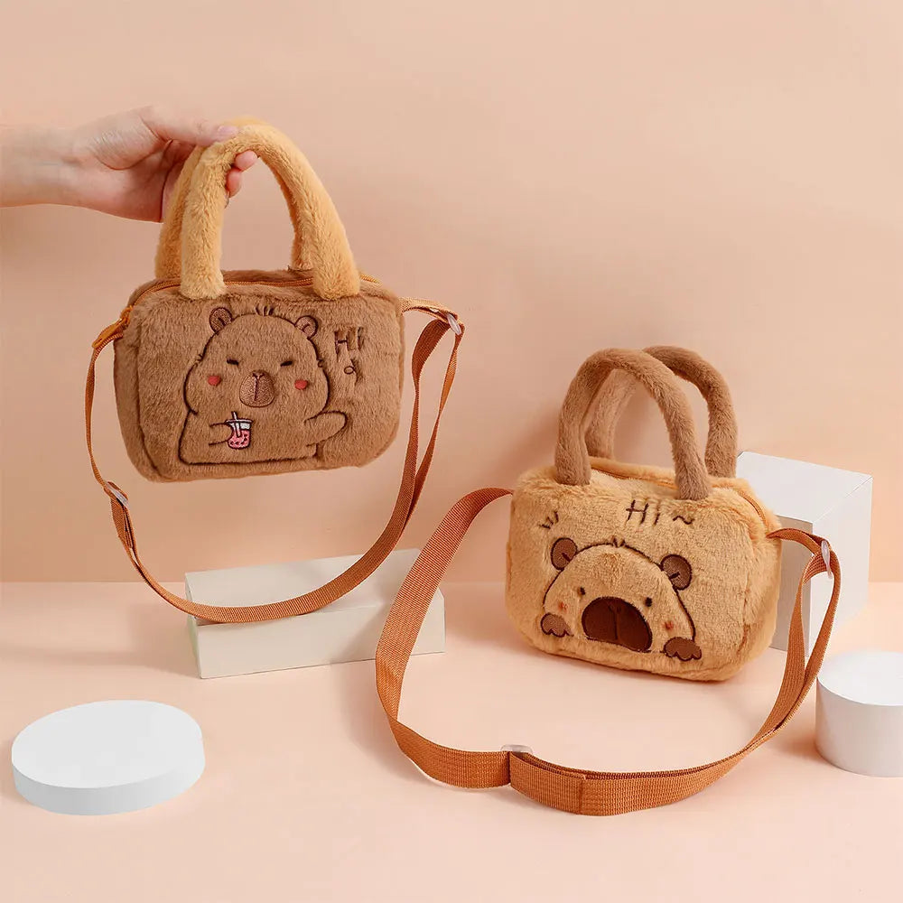 Stylish Cute Embroidered Capybara Plush Handbag Kawaii Cartoon Plush Shoulder Bag Lightweight Soft Small School Bag Square Bag