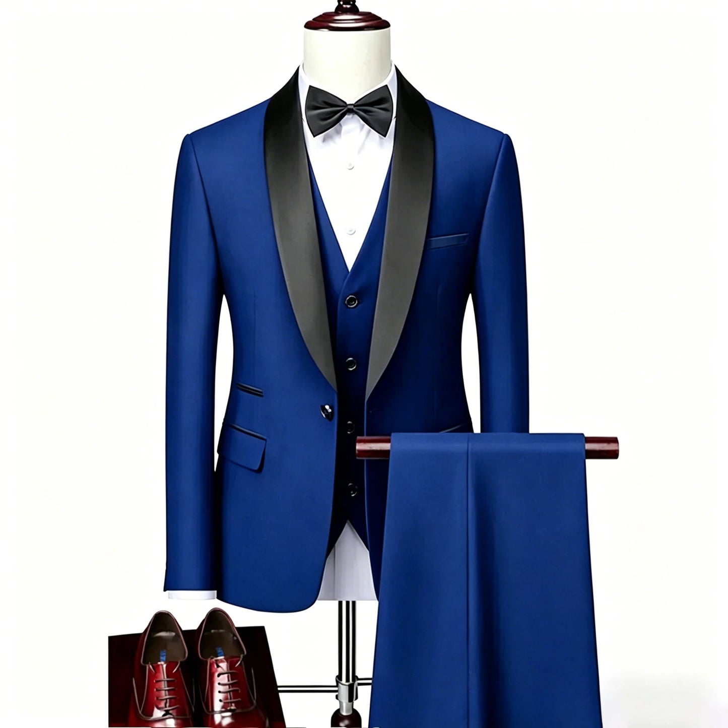 ( Jacket + Vest + Pants ) Men's 3 Piece Tuxedo Suit Set, Beige Blazer with Black Shawl Lapel for Wedding, Groom, Formal Party