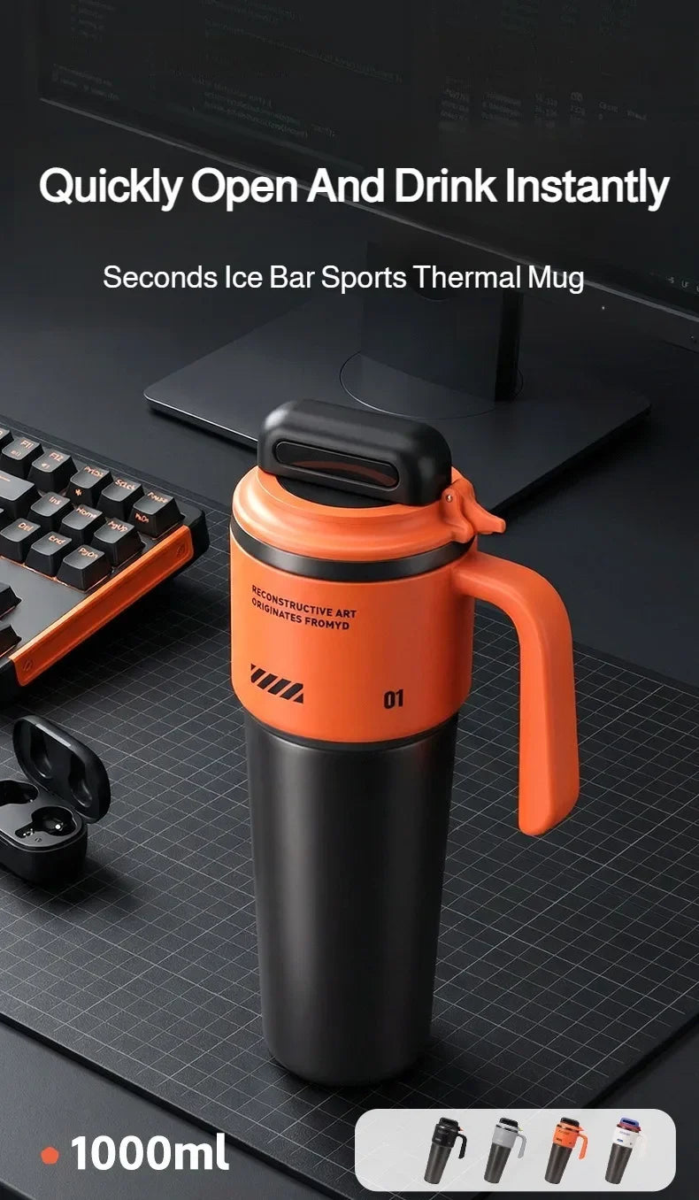 1L 304 Stainless Steel Vacuum Insulated Water Bottle One Touch Flip Lid Thermos Mug with Straw Handle for Car Travel Home Daily