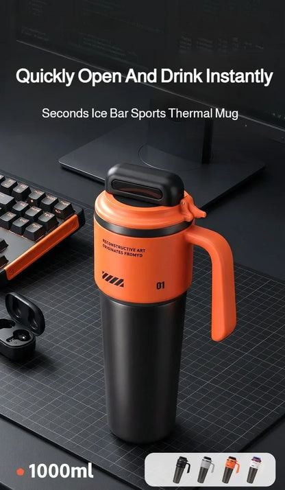 1L 304 Stainless Steel Vacuum Insulated Water Bottle One Touch Flip Lid Thermos Mug with Straw Handle for Car Travel Home Daily