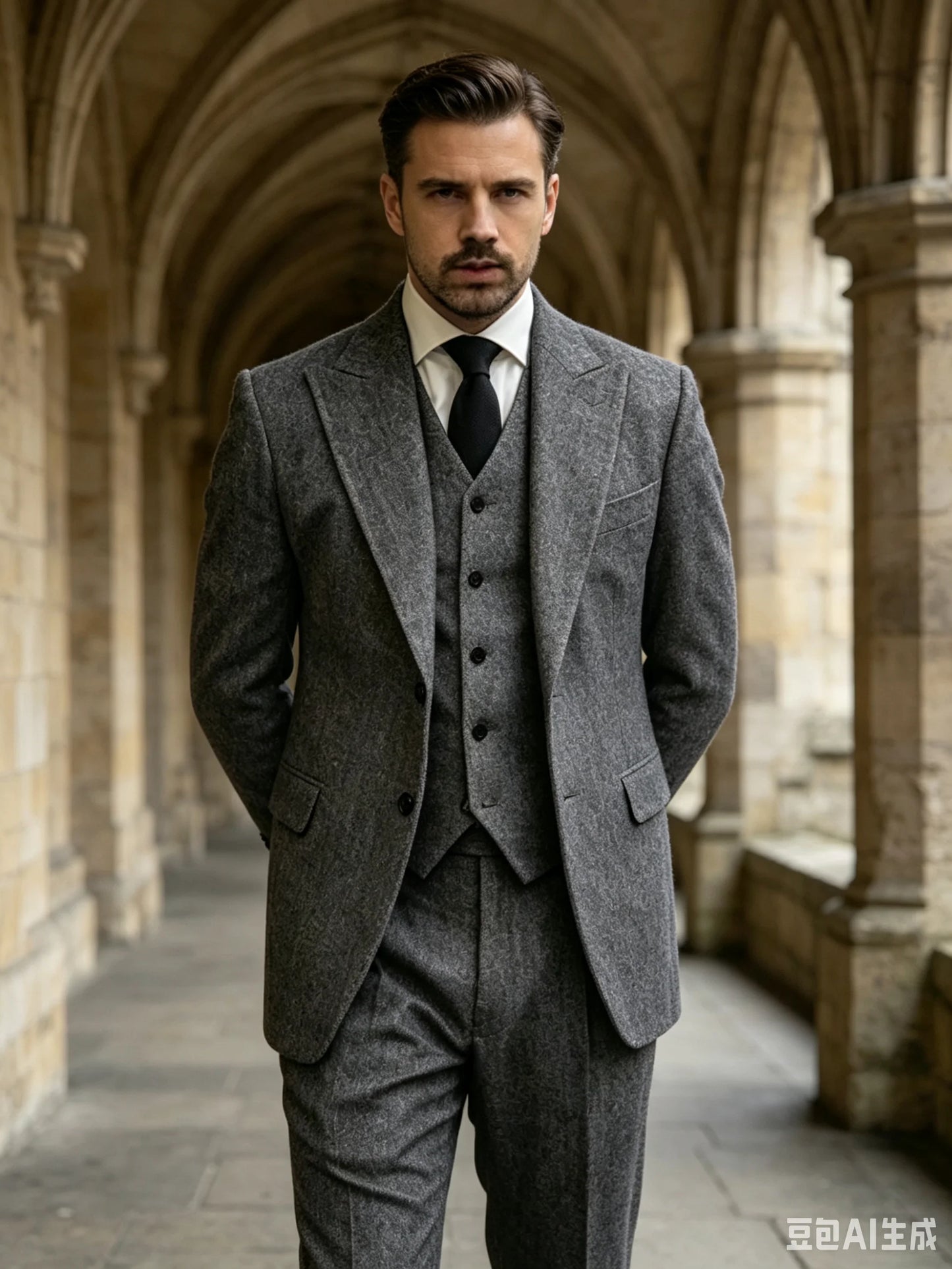 Formal 3 Pieces Men's Grey Herringbone Suits Slim Fit Peak Lapel Tweed Prom Tuxedos For Wedding/Business(Blazer+Vest+Pants)