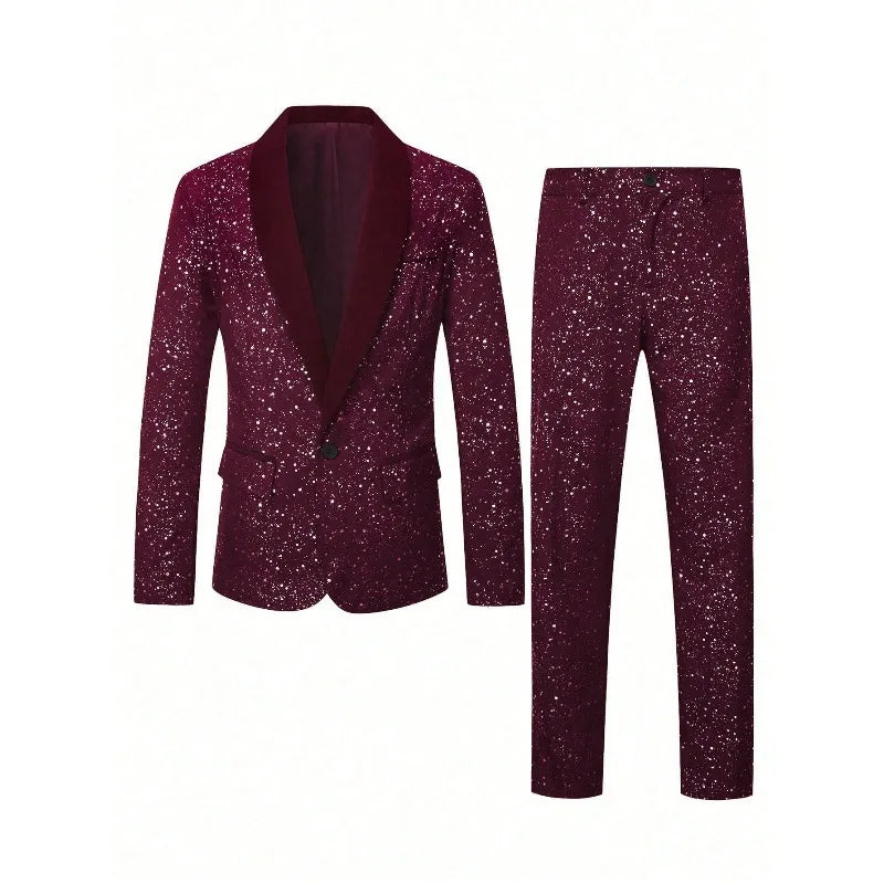 KIDWHXR Man Suit Outfit Patchwork Turn Down Collar Blazer Male Straight-leg Pant Men Slim Sequins Wedding Stage 2-piece Set
