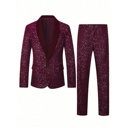 KIDWHXR Man Suit Outfit Patchwork Turn Down Collar Blazer Male Straight-leg Pant Men Slim Sequins Wedding Stage 2-piece Set