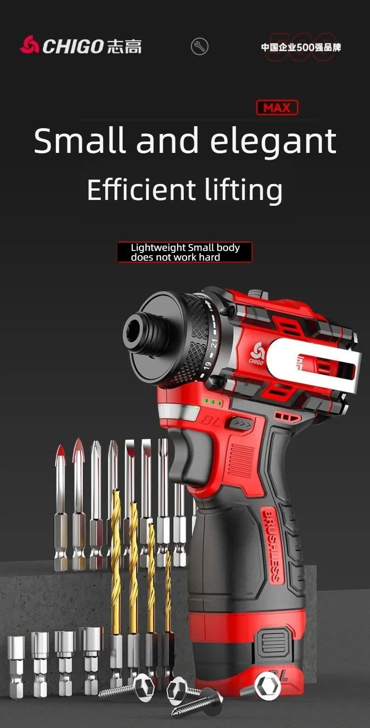 CHIGO Brushless Electric Drill Cordless Knockable Driller Driver 80N.m 18V Screwdriver Li-ion Battery Electric Power Tools