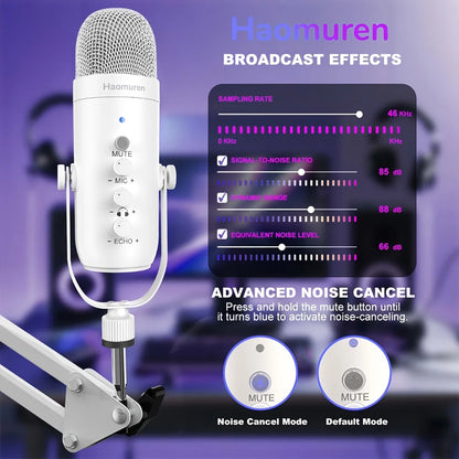 Haomuren Professional USB Streaming Podcast PC Microphone Studio Cardioid Condenser Mic Kit with Boom Arm For Recording YouTube