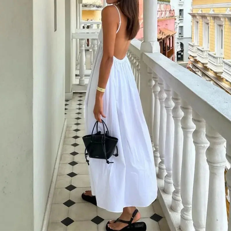 New Dresses 2025 Woman Fashion Summer Sexy Backless V-neck Skirt Holiday Solid Colours Top Clothing