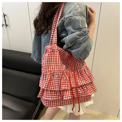 Cute Plaid Cotton Tote Bag Large Capaci Lace Trim Women's Summer 2026 Simple Lady Handbag Soft Shoulder Bags Bolsa Feminina