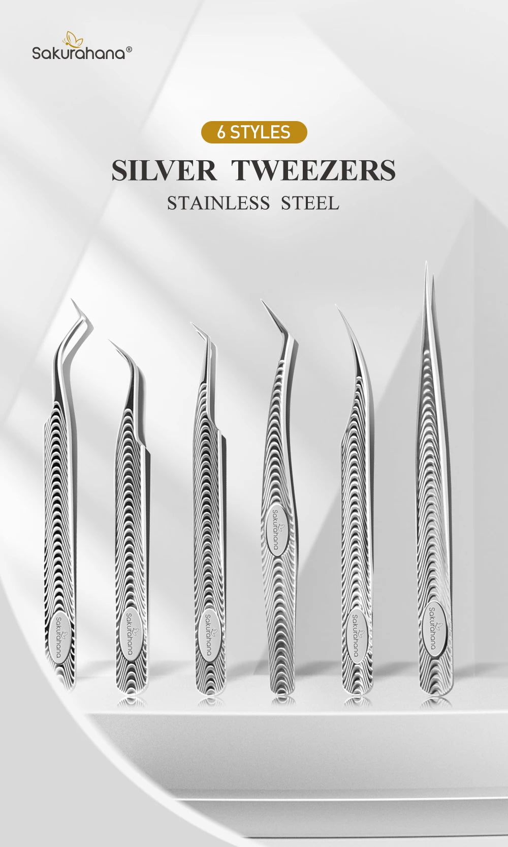SAKURAHANA Anti-Static Eyelash Tweezers Professional High Precision Volume Extension Stainless Steel Anti-slip Makeup Tool