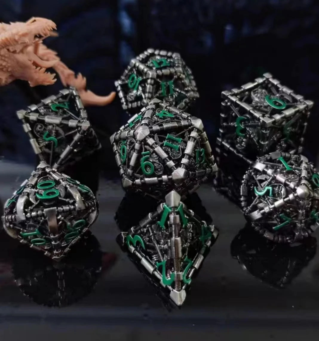 7 Pcs Cosplay D4-D20 DND Brass Gold Polyhedral Sharp Edge Casino Dice Rpg Table Board Game Tray Gem Stone Dragon Metal Steel Set