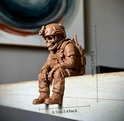 Sitting Tactical Skull Soldier Cool Ornament Home Office Military Skull Soldier Figurine Whimsical Seated Warrior Ornament Decor