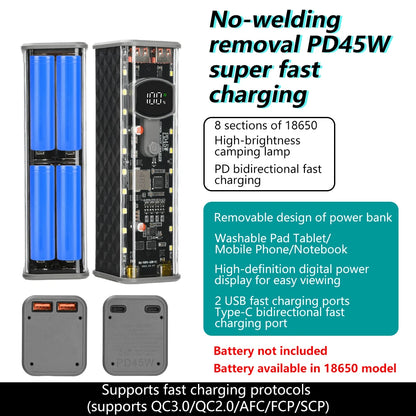 22.5W/45W 18650 Power Bank Case Fast Charging DIY Transparent Battery Storage Box Digital Display USB Type-C Battery Holder