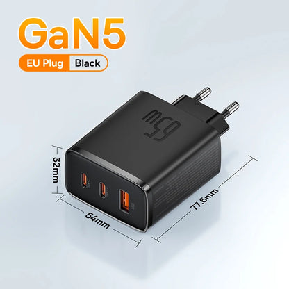 Ładowarka Baseus 65W USB C GaN, wspiera ładowanie QC PD, przenośna szybka ładowarka do iPhone'a 17 16 15, Xiaomi, ładowarka do laptopa