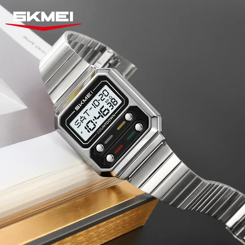 SKMEI 2448 Fashion Men Electronic Watch Vintage Business Luminous Calendar Waterproof Steel Strap Casual Digital Watches for Man