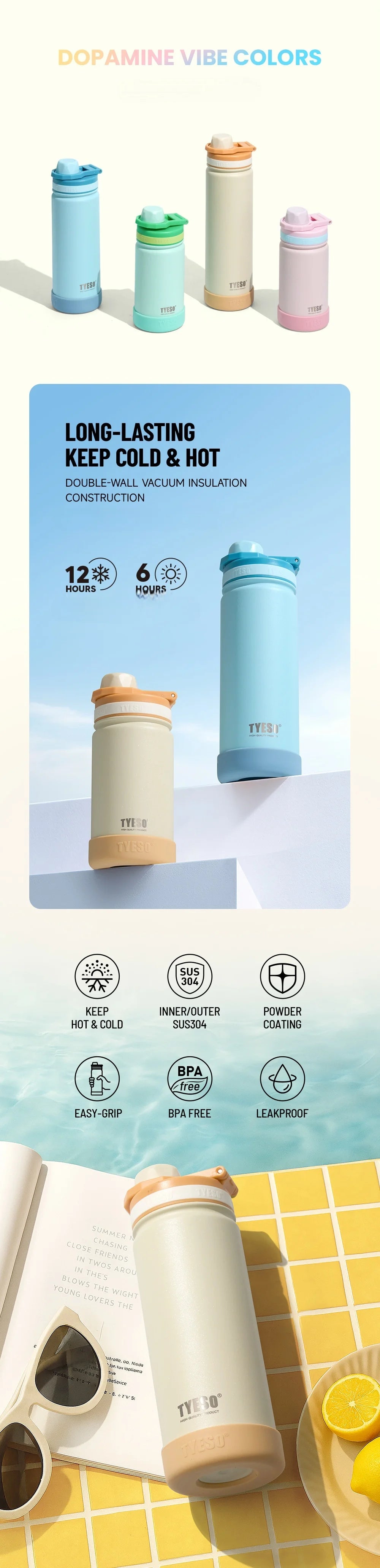 Tyeso 600ml Sports Kettle Portable Water Cup with Non-slip Silicone Cover Leakproof Lightweight for Cold Drink with Coffee Stick